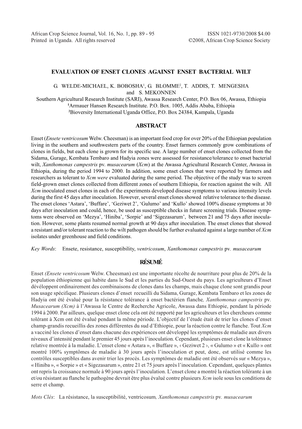 Evaluation of Enset Clones Against Enset Bacterial Wilt