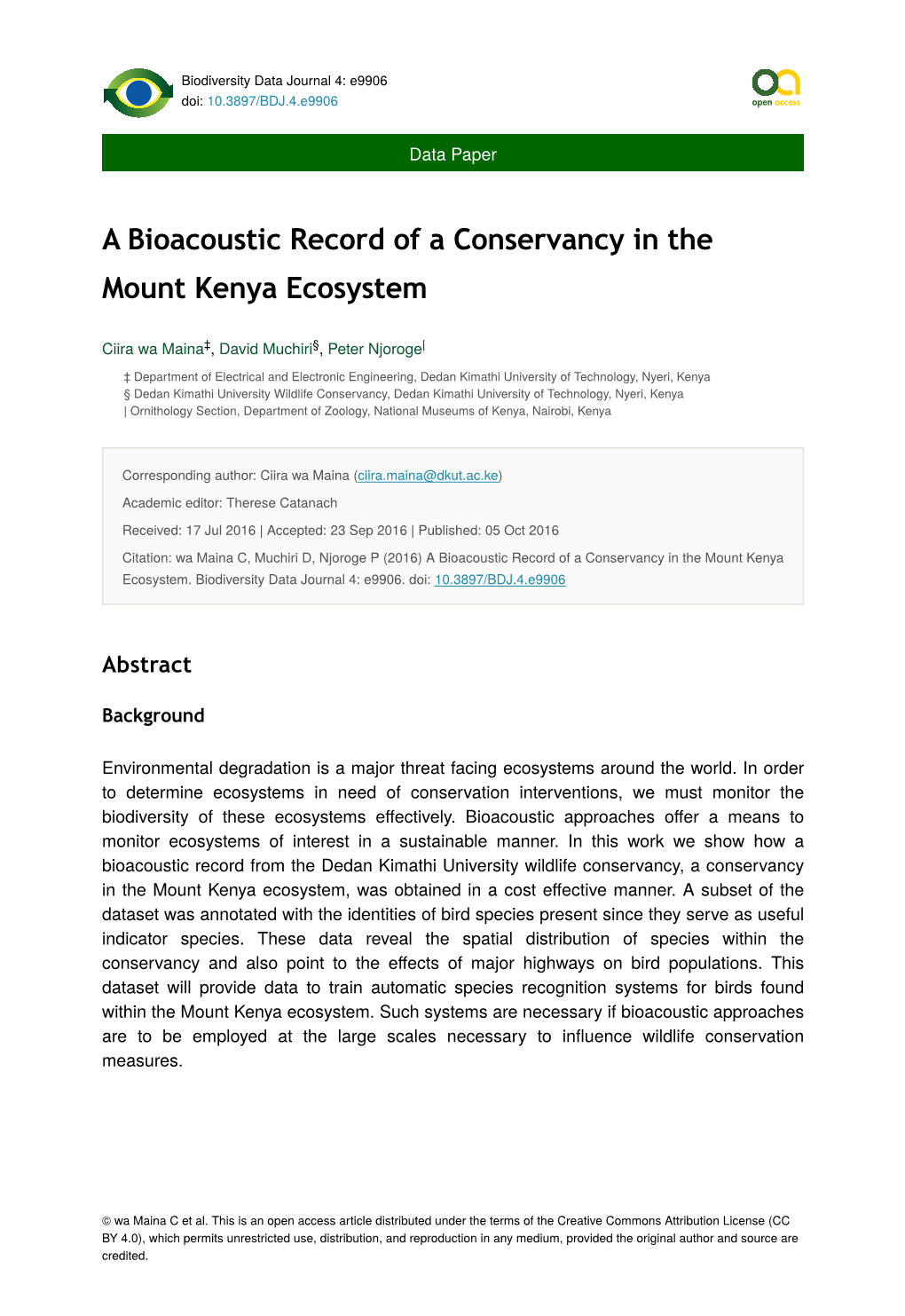 A Bioacoustic Record of a Conservancy in the Mount Kenya Ecosystem