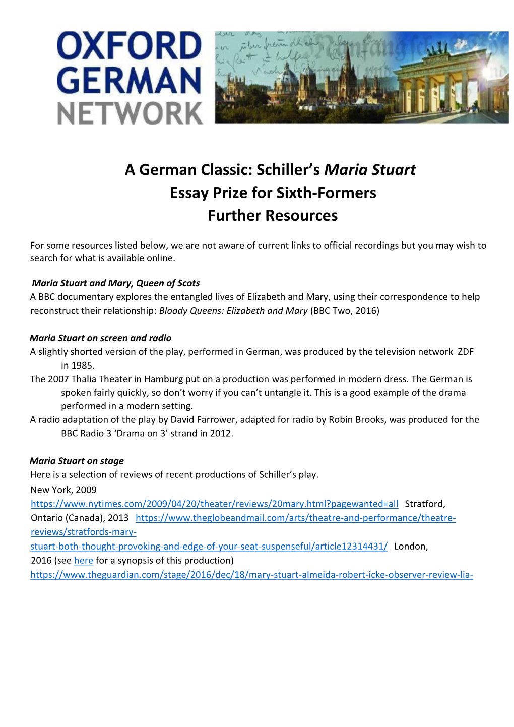 A German Classic: Schiller's Maria Stuart Essay Prize for Sixth-Formers Further Resources