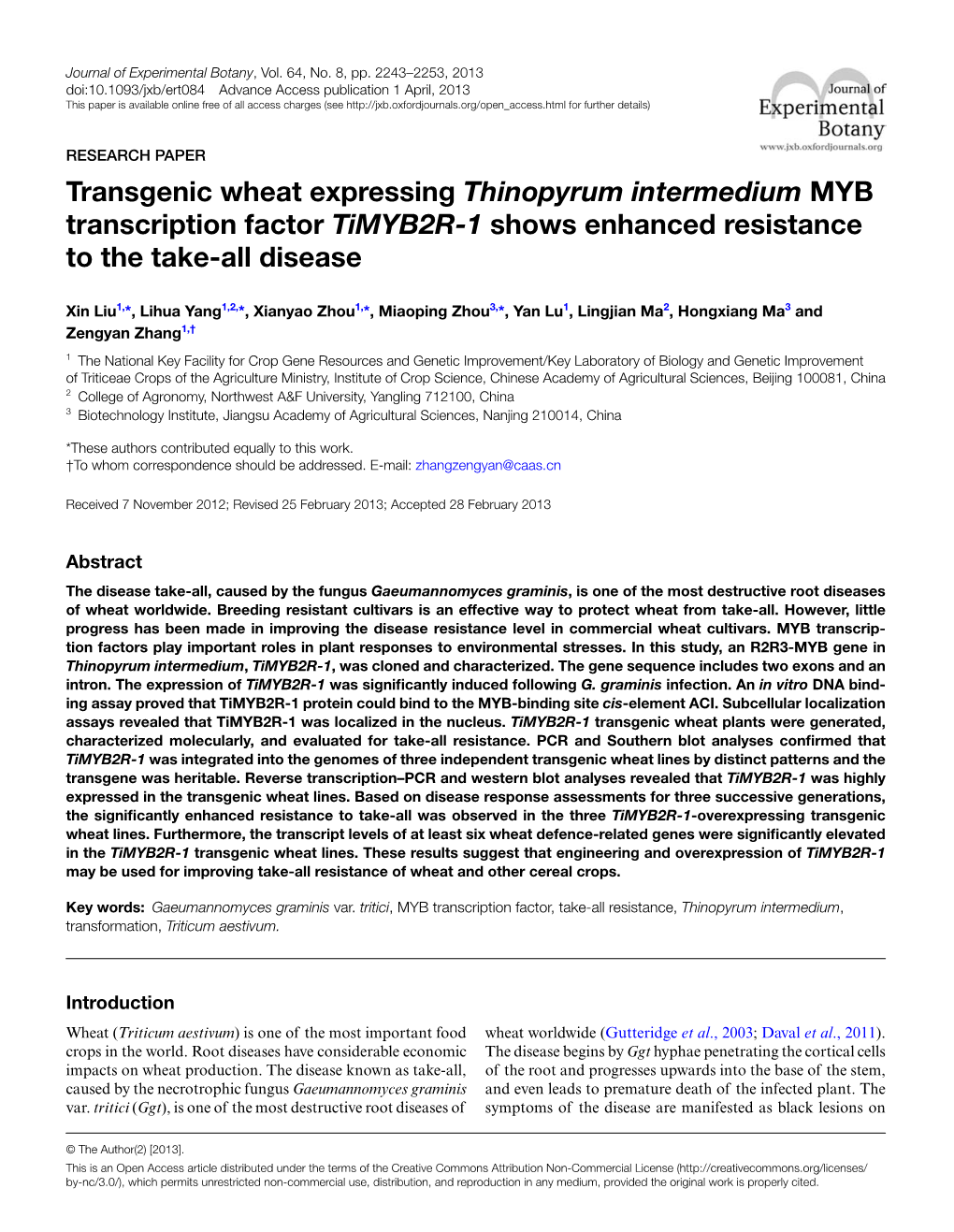 Transgenic Wheat Expressing Thinopyrum Intermedium MYB Transcription Factor Timyb2r-1 Shows Enhanced Resistance to the Take-All Disease