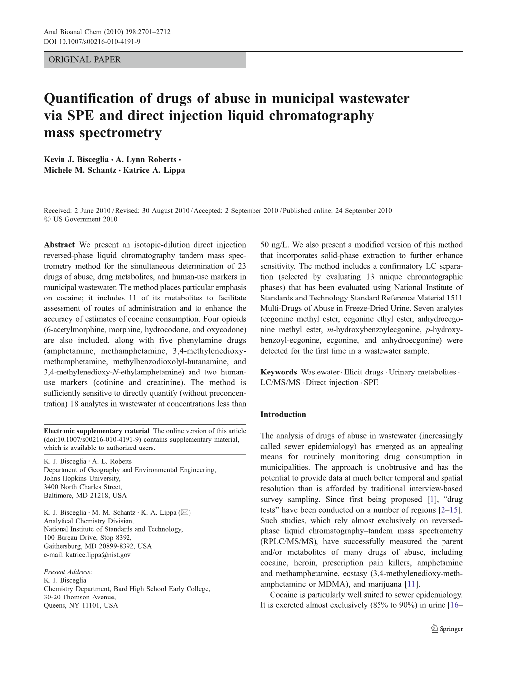 Quantification of Drugs of Abuse in Municipal Wastewater Via SPE and Direct Injection Liquid Chromatography Mass Spectrometry