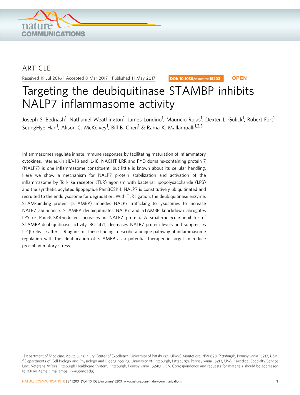 Targeting the Deubiquitinase STAMBP Inhibits NALP7 Inflammasome