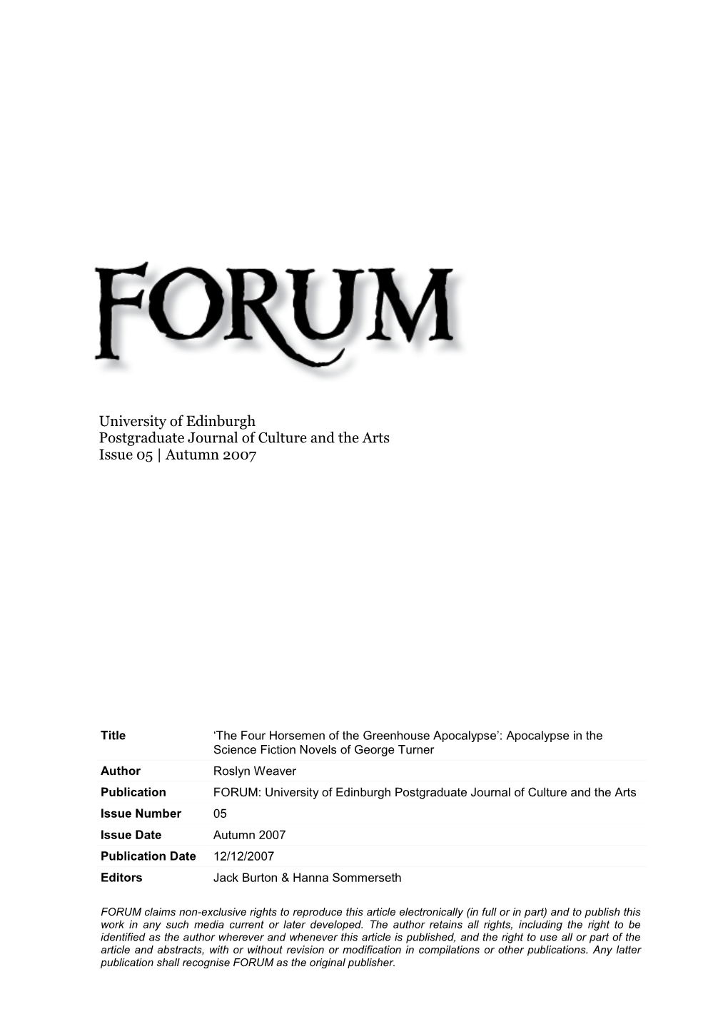 University of Edinburgh Postgraduate Journal of Culture and the Arts Issue 05 | Autumn 2007