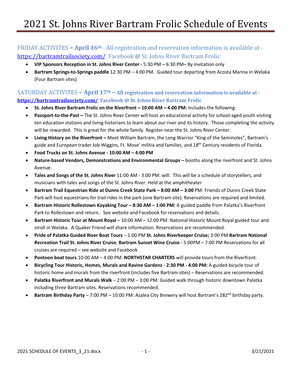 2021 St. Johns River Bartram Frolic Schedule of Events