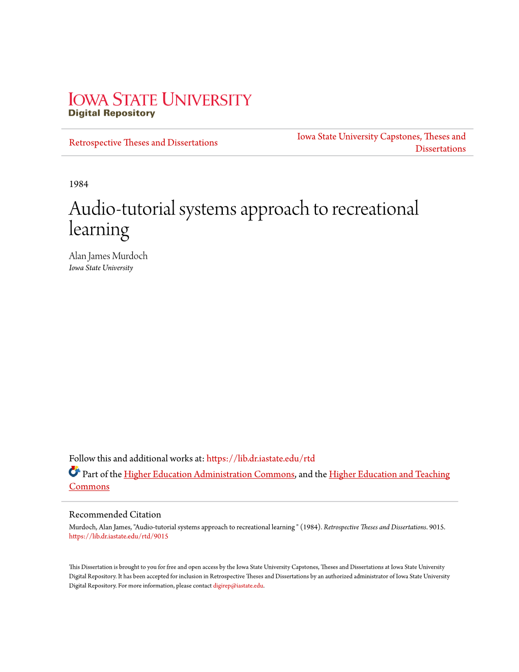 Audio-Tutorial Systems Approach to Recreational Learning Alan James Murdoch Iowa State University