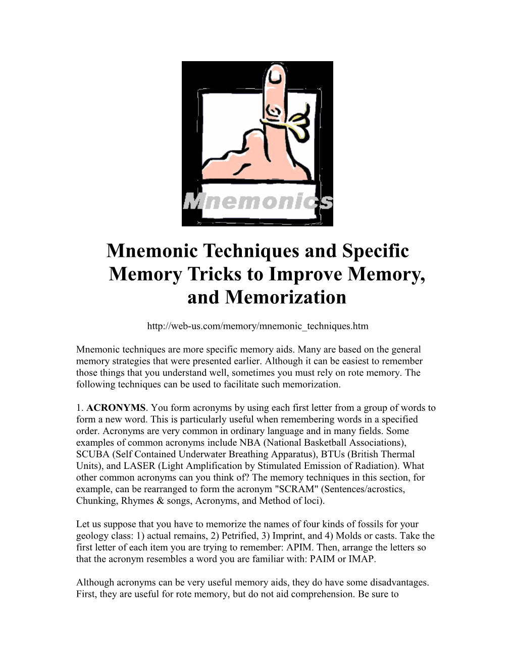 Mnemonic Techniques and Specific Memory Tricks to Improve Memory, and Memorization