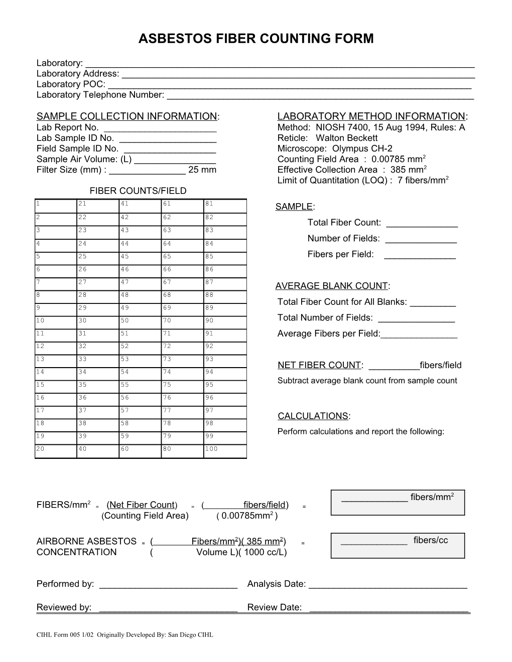 Asbestos Fiber Counting Form