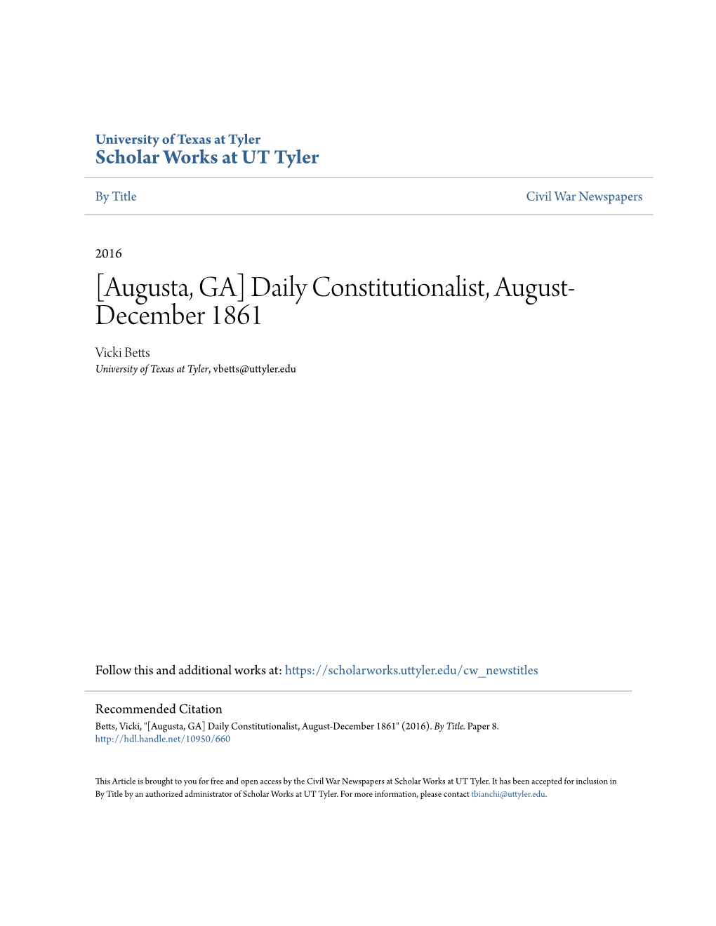Augusta, GA] Daily Constitutionalist, August- December 1861 Vicki Betts University of Texas at Tyler, Vbetts@Uttyler.Edu