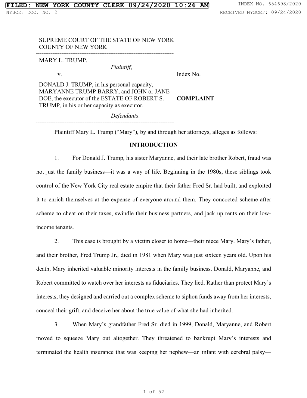 Filed: New York County Clerk 09/24/2020 10:26 Am Index No