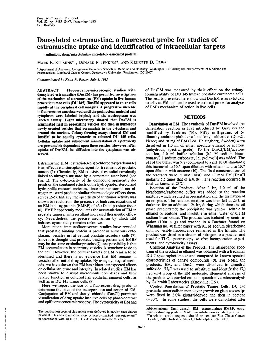 Dansylated Estramustine, a Fluorescent Probe for Studies Of