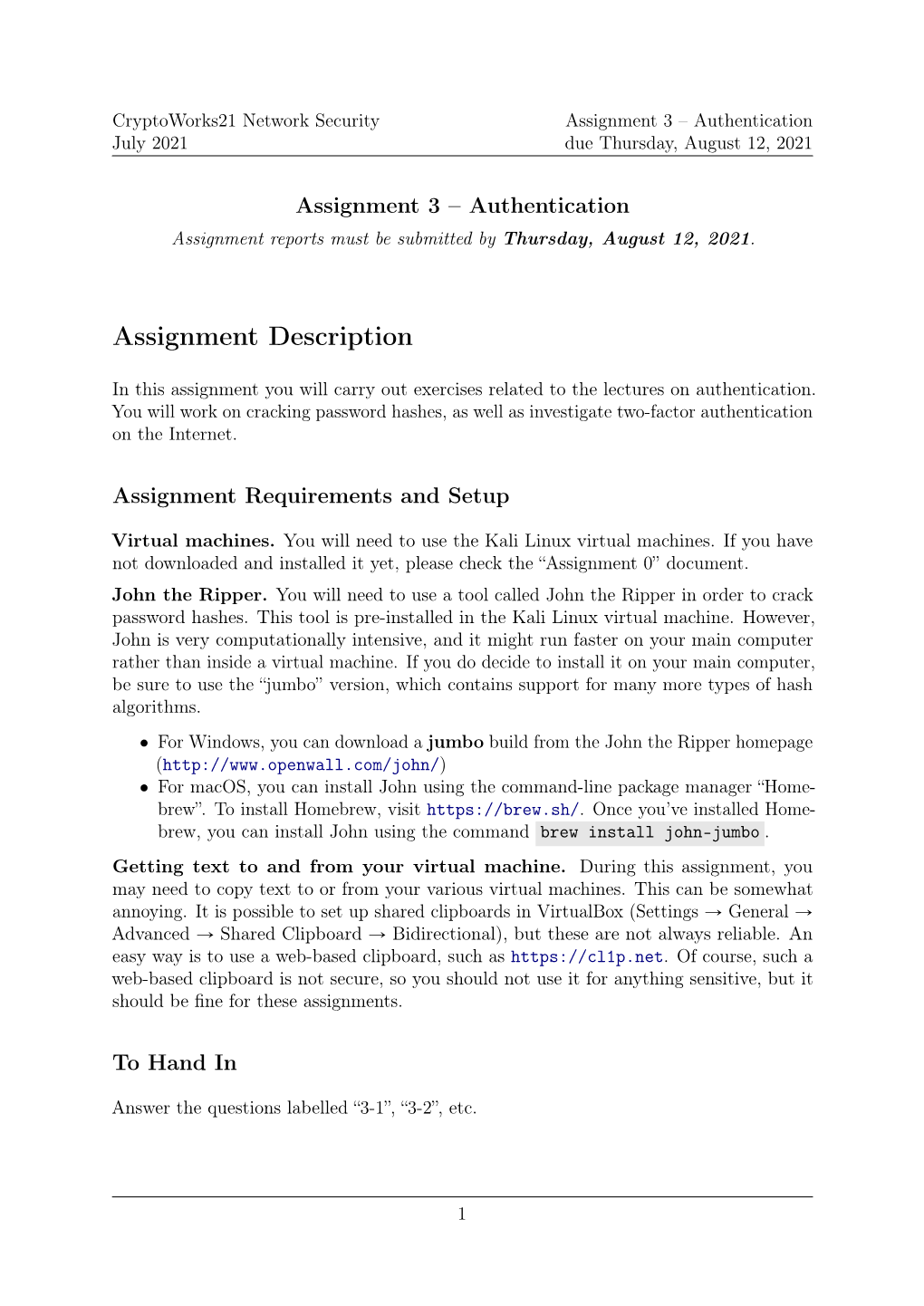 Assignment 3 – Authentication July 2021 Due Thursday, August 12, 2021