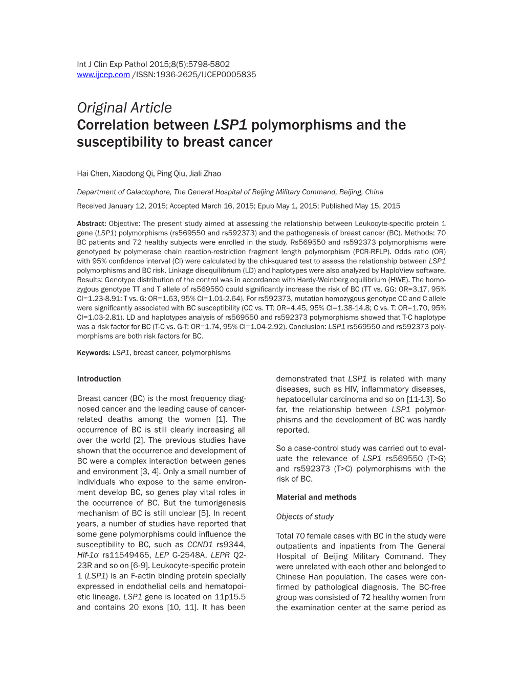 Original Article Correlation Between LSP1 Polymorphisms and the Susceptibility to Breast Cancer