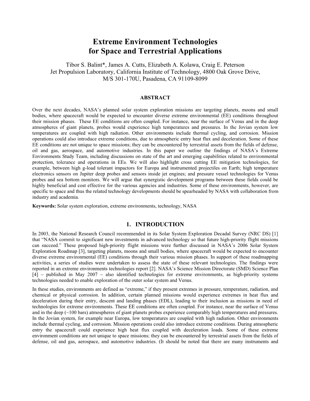 Extreme Environment Technologies for Space and Terrestrial Applications