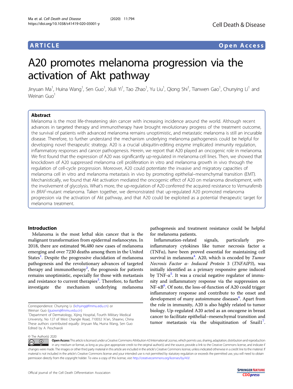 A20 Promotes Melanoma Progression Via the Activation of Akt Pathway