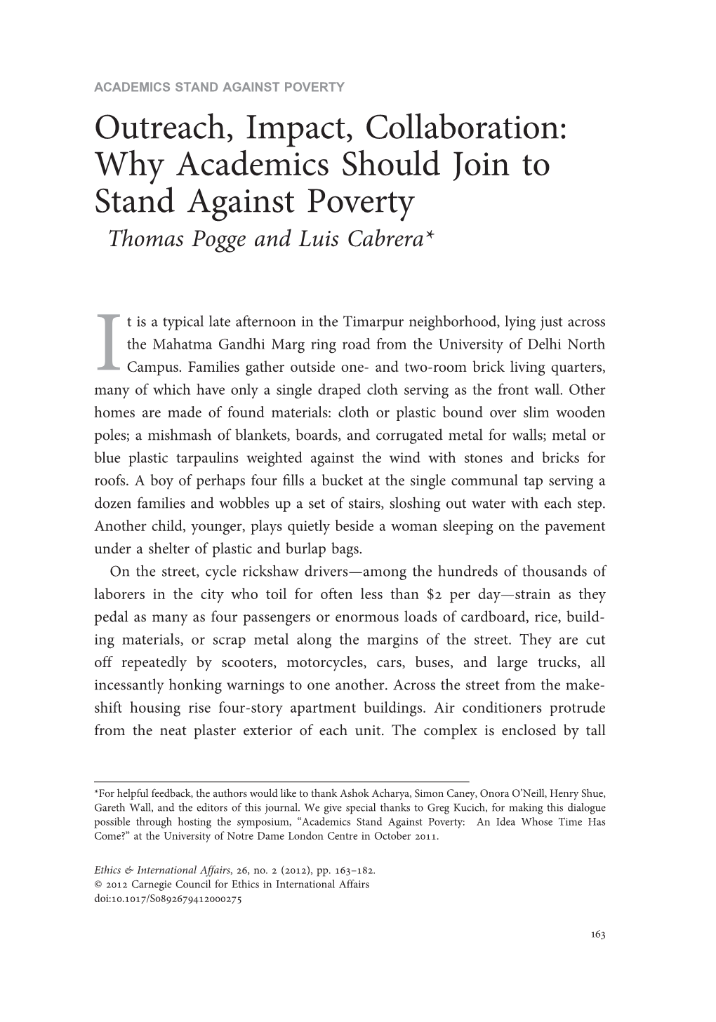 Why Academics Should Join to Stand Against Poverty Thomas Pogge and Luis Cabrera*