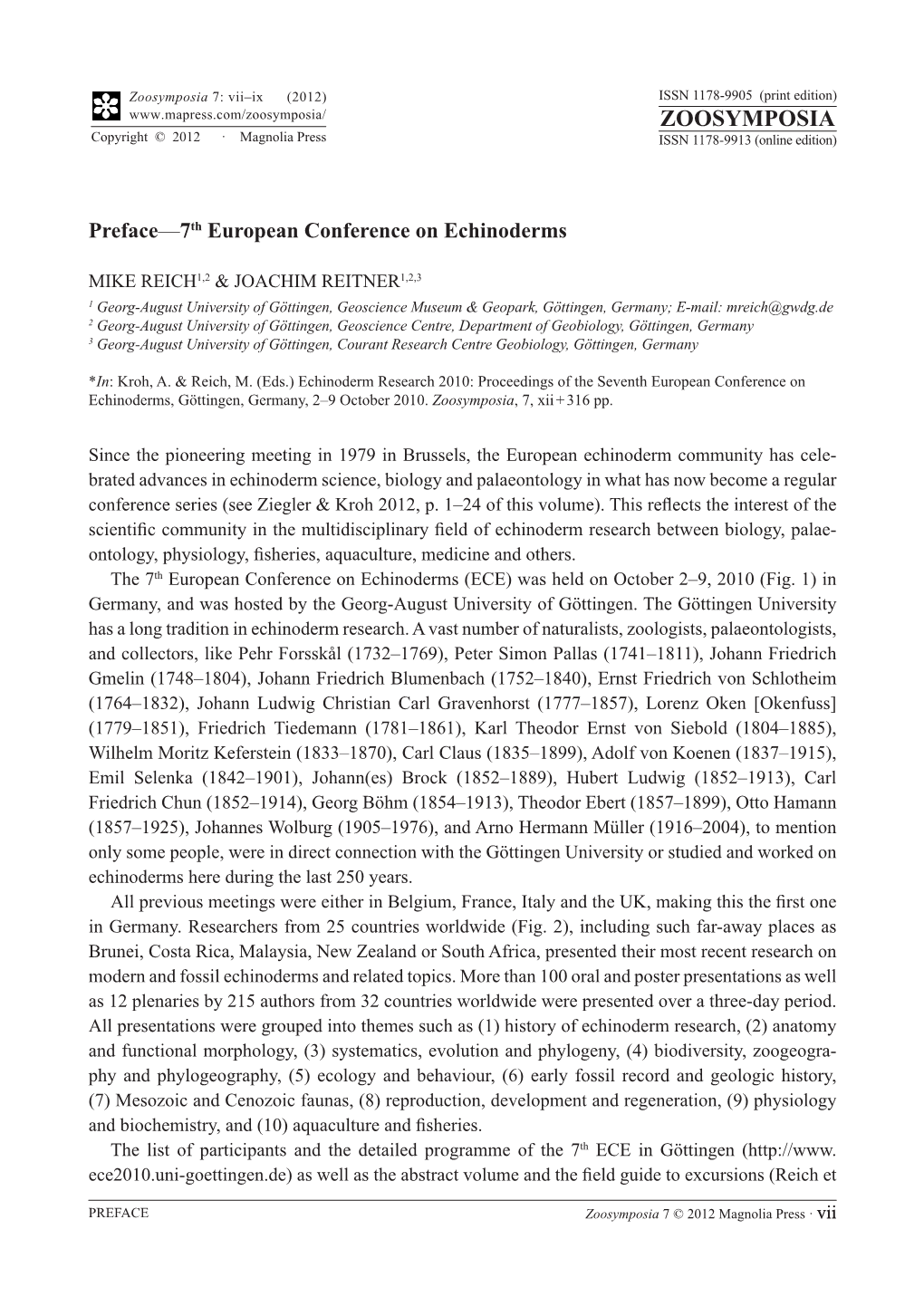 Proceedings of the Seventh European Conference on Echinoderms, Göttingen, Germany, 2–9 October 2010