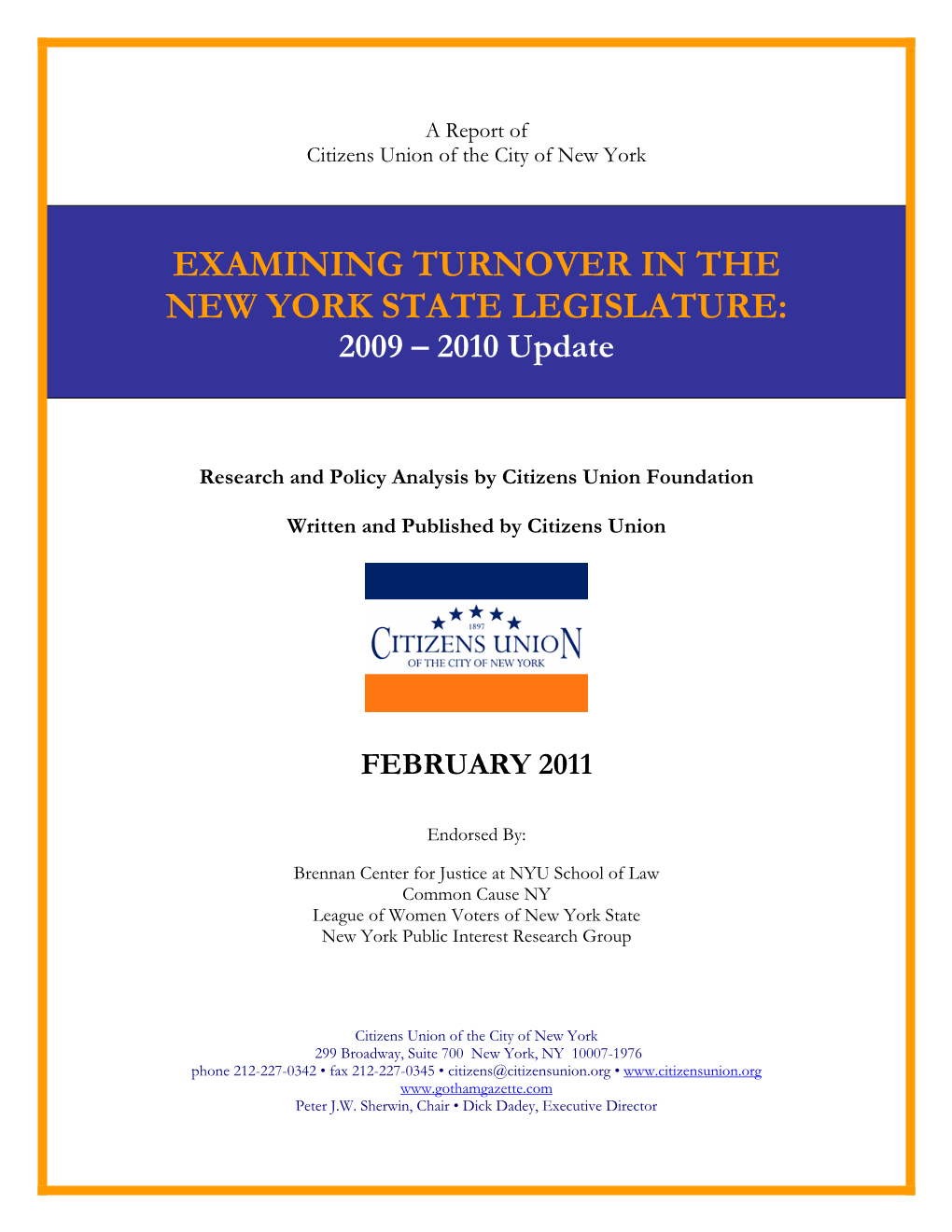 Examining Turnover in the New York State Legislature: 2009-2010 Update,