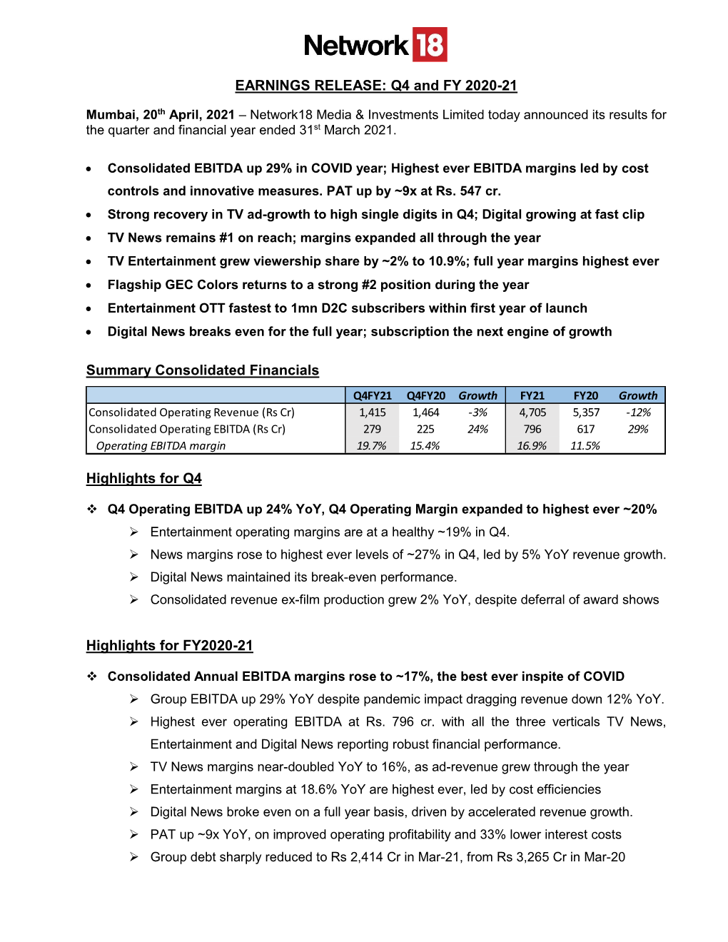 EARNINGS RELEASE: Q4 and FY 2020-21