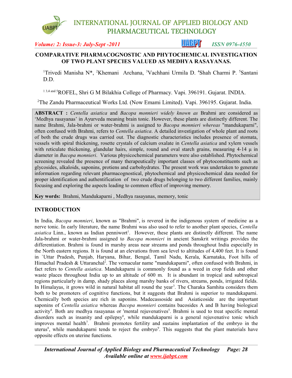 2011 Issn 0976-4550 Comparative Pharmacognostic and Phytochemical Investigation of Two Plant Species Valued As Medhya Rasayanas