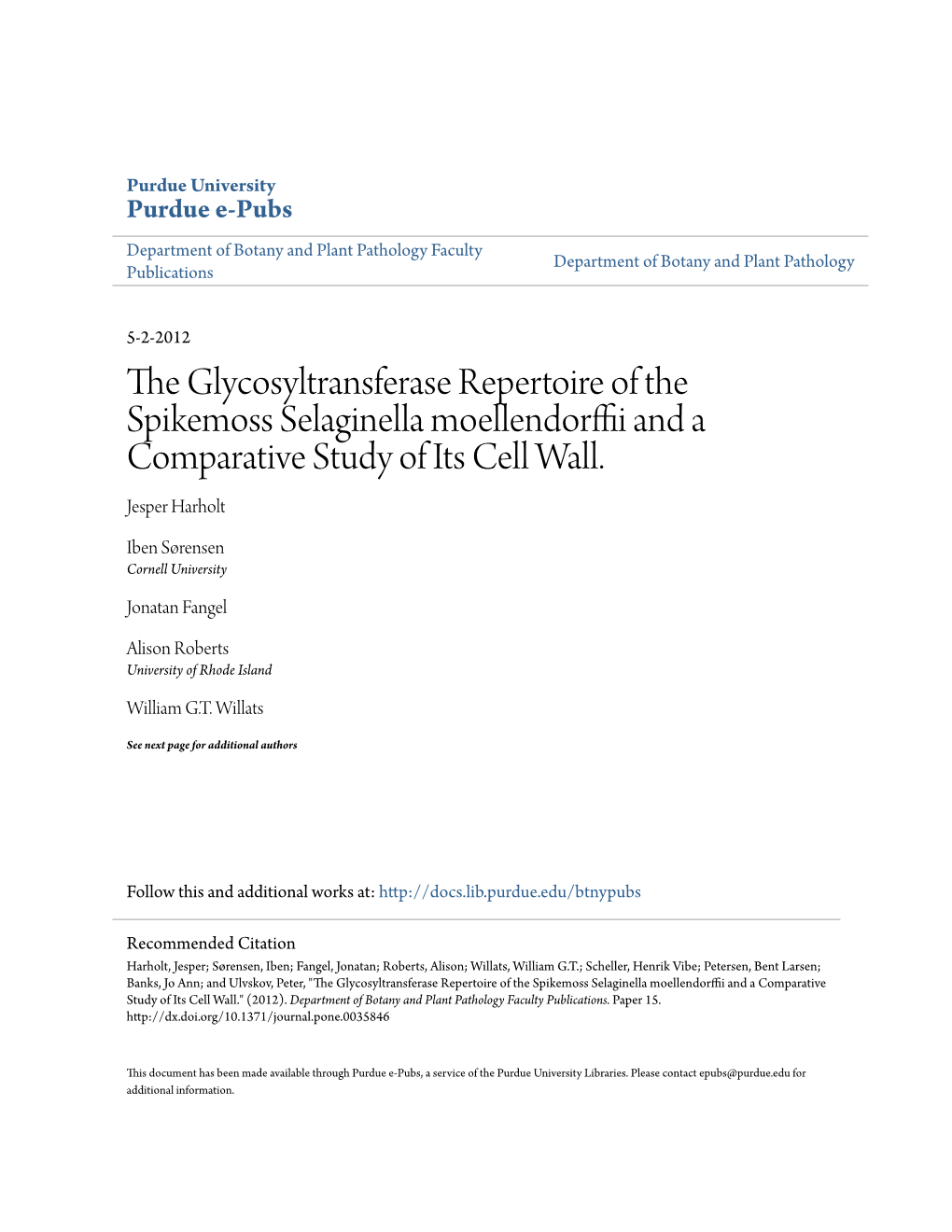 The Glycosyltransferase Repertoire of the Spikemoss Selaginella Moellendorffiind a a Comparative Study of Its Cell Wall