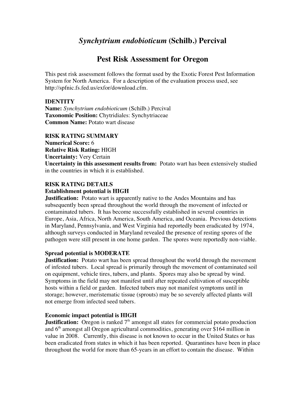 Synchytrium Endobioticum (Schilb.) Percival Pest Risk Assessment for Oregon