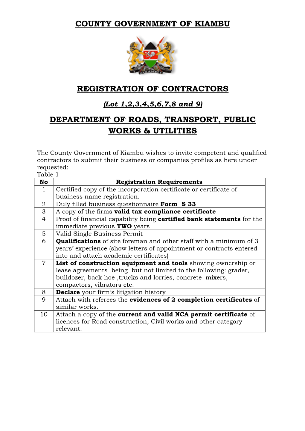 County Government of Kiambu Registration of Contractors