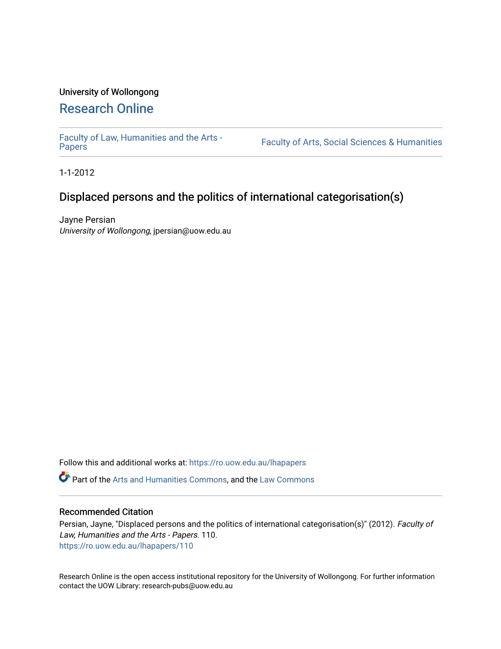 Displaced Persons and the Politics of International Categorisation(S)