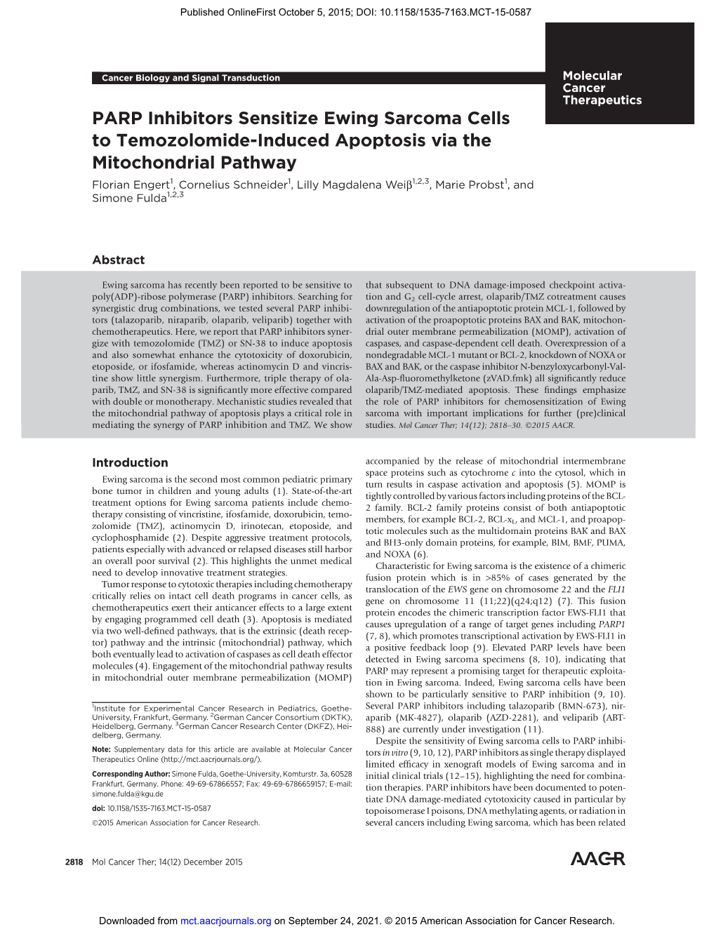 PARP Inhibitors Sensitize Ewing Sarcoma Cells to Temozolomide