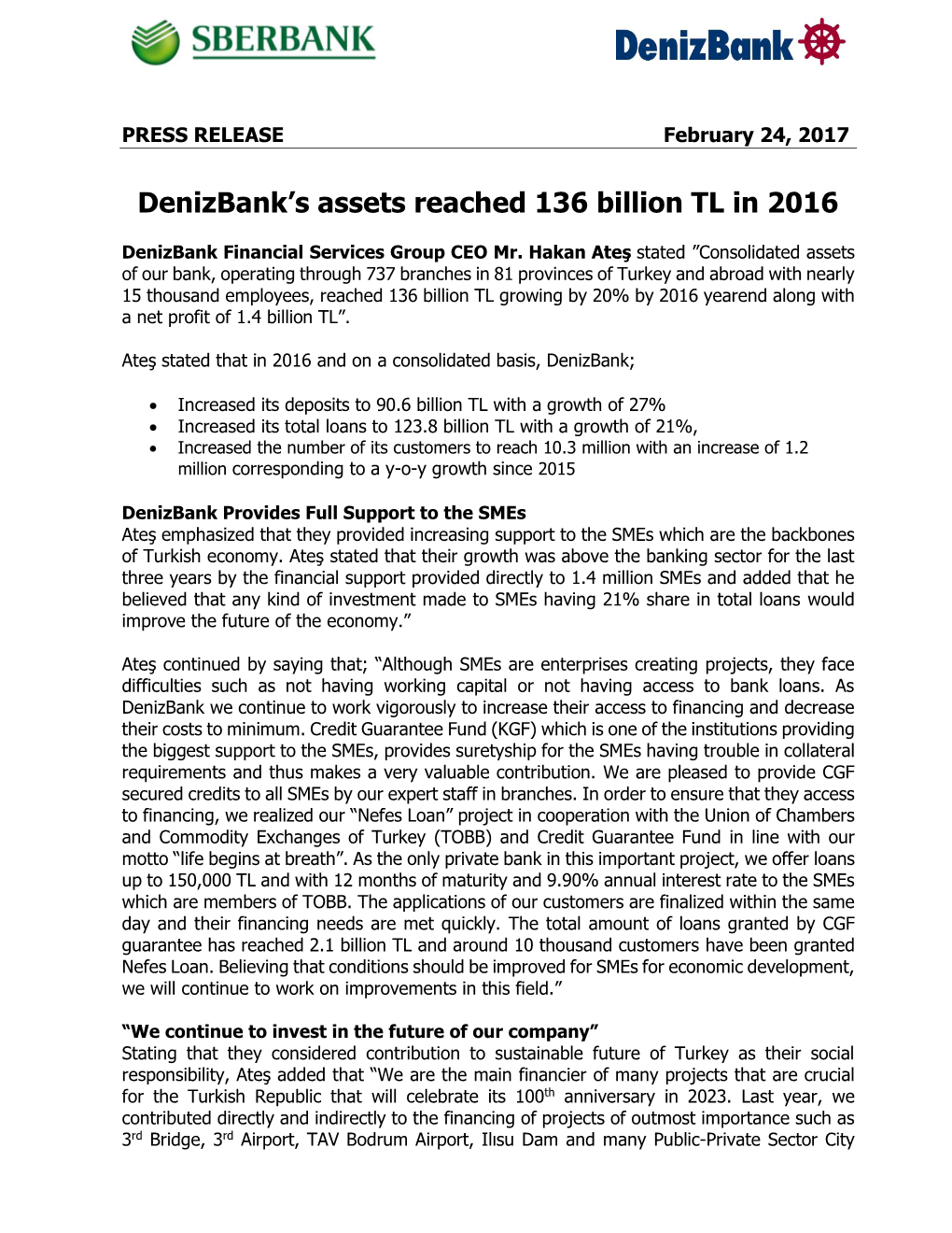 Denizbank's Assets Reached 136 Billion TL in 2016