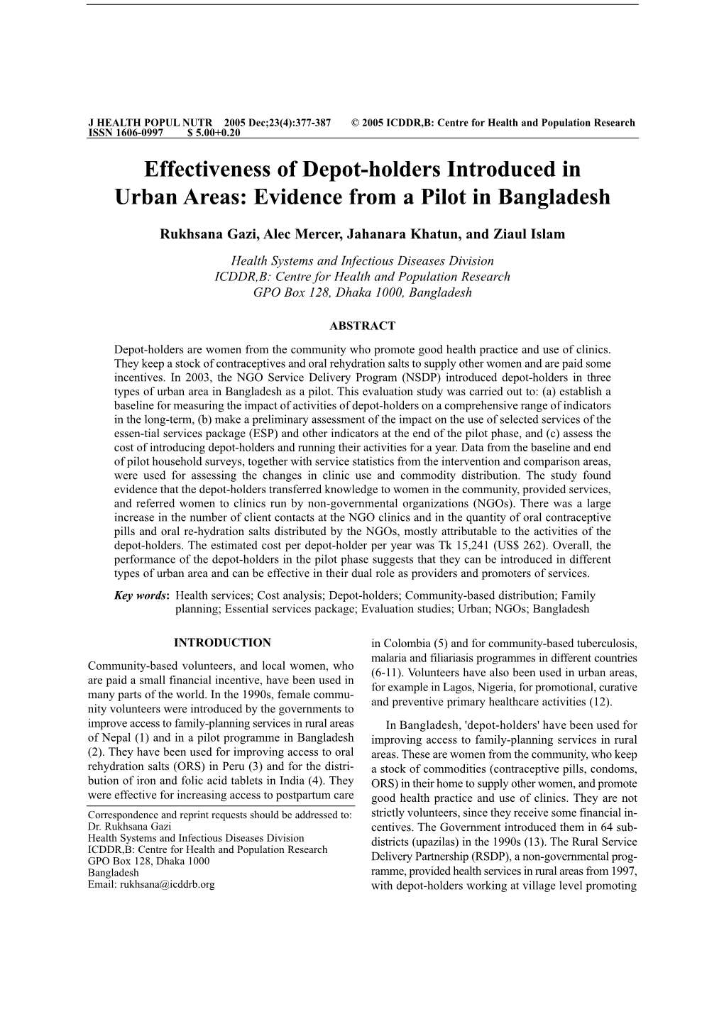 Effectiveness of Depot-Holders Introduced in Urban Areas: Evidence from a Pilot in Bangladesh