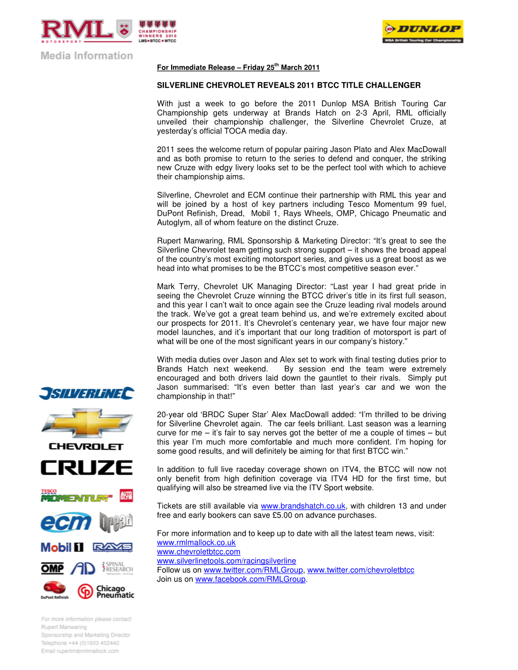 Silverline Chevrolet Reveals 2011 Btcc Title Challenger