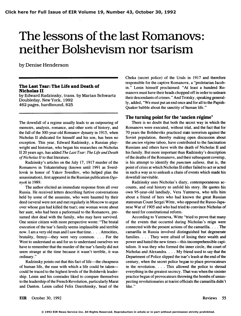The Lessons of the Last Romanovs: Neither Bolshevism Nor Tsarism