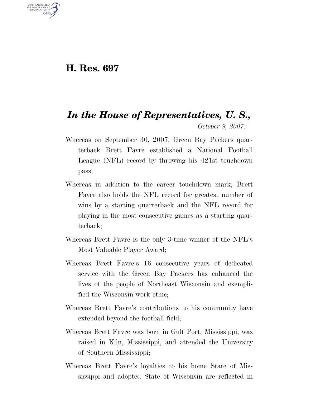 H. Res. 697 in the House of Representatives, U