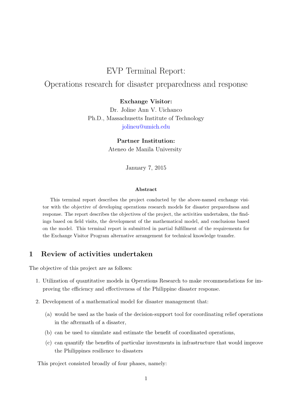 EVP Terminal Report: Operations Research for Disaster Preparedness and Response