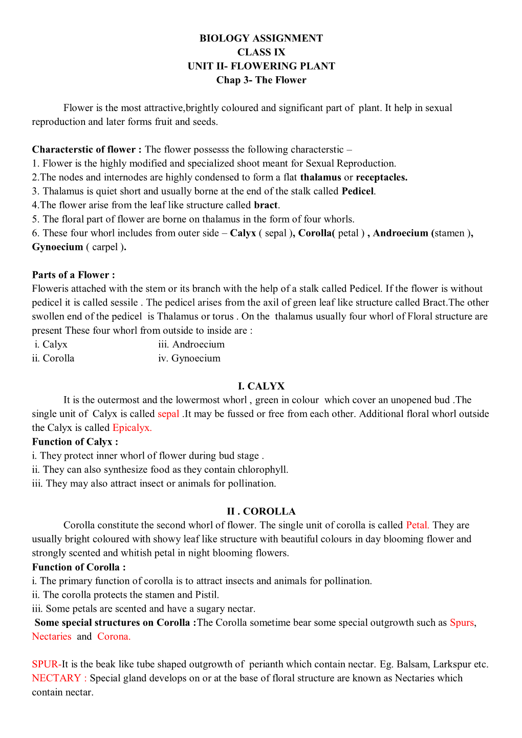 BIOLOGY ASSIGNMENT CLASS IX UNIT II- FLOWERING PLANT Chap 3- the Flower