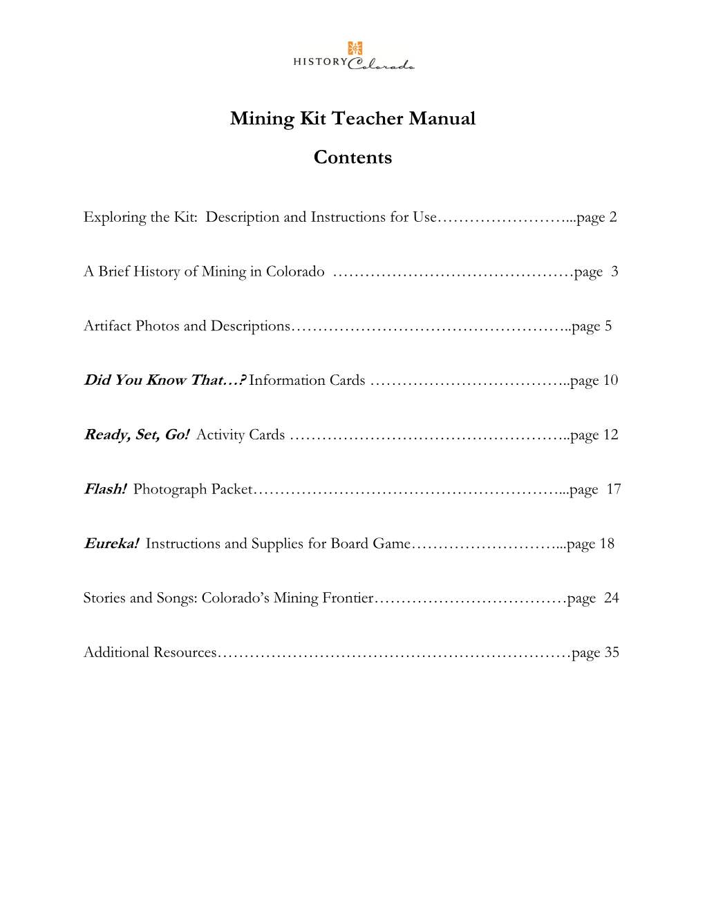 Mining Kit Teacher Manual Contents