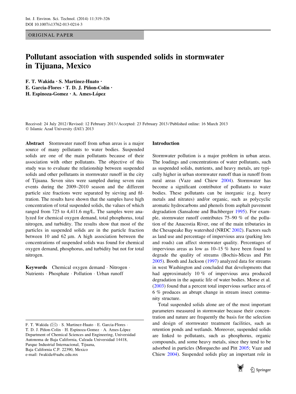 Pollutant Association with Suspended Solids in Stormwater in Tijuana, Mexico