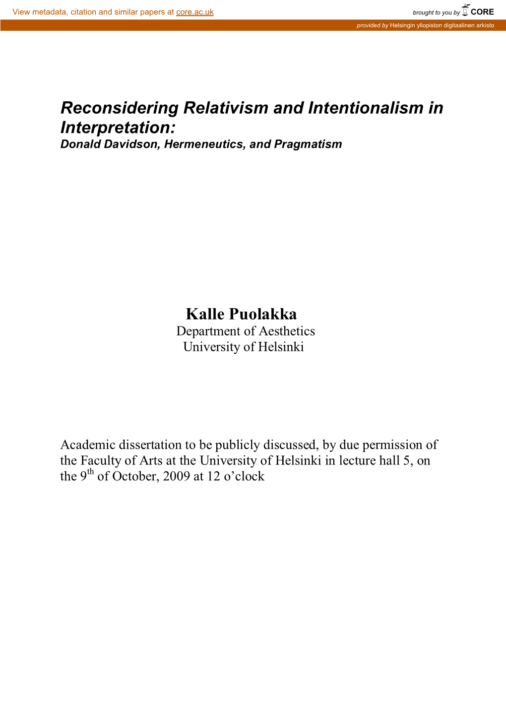 Reconsidering Relativism and Intentionalism in Interpretation: Donald Davidson, Hermeneutics, and Pragmatism