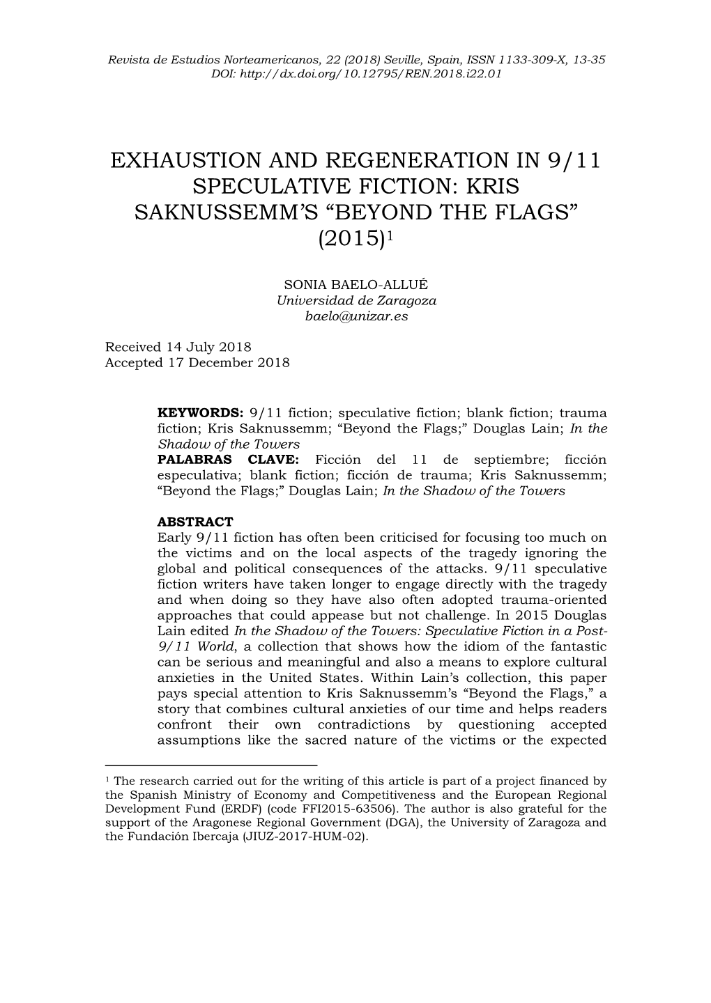 Exhaustion and Regeneration in 9/11 Speculative Fiction: Kris Saknussemm‘S ―Beyond the Flags‖ (2015)1