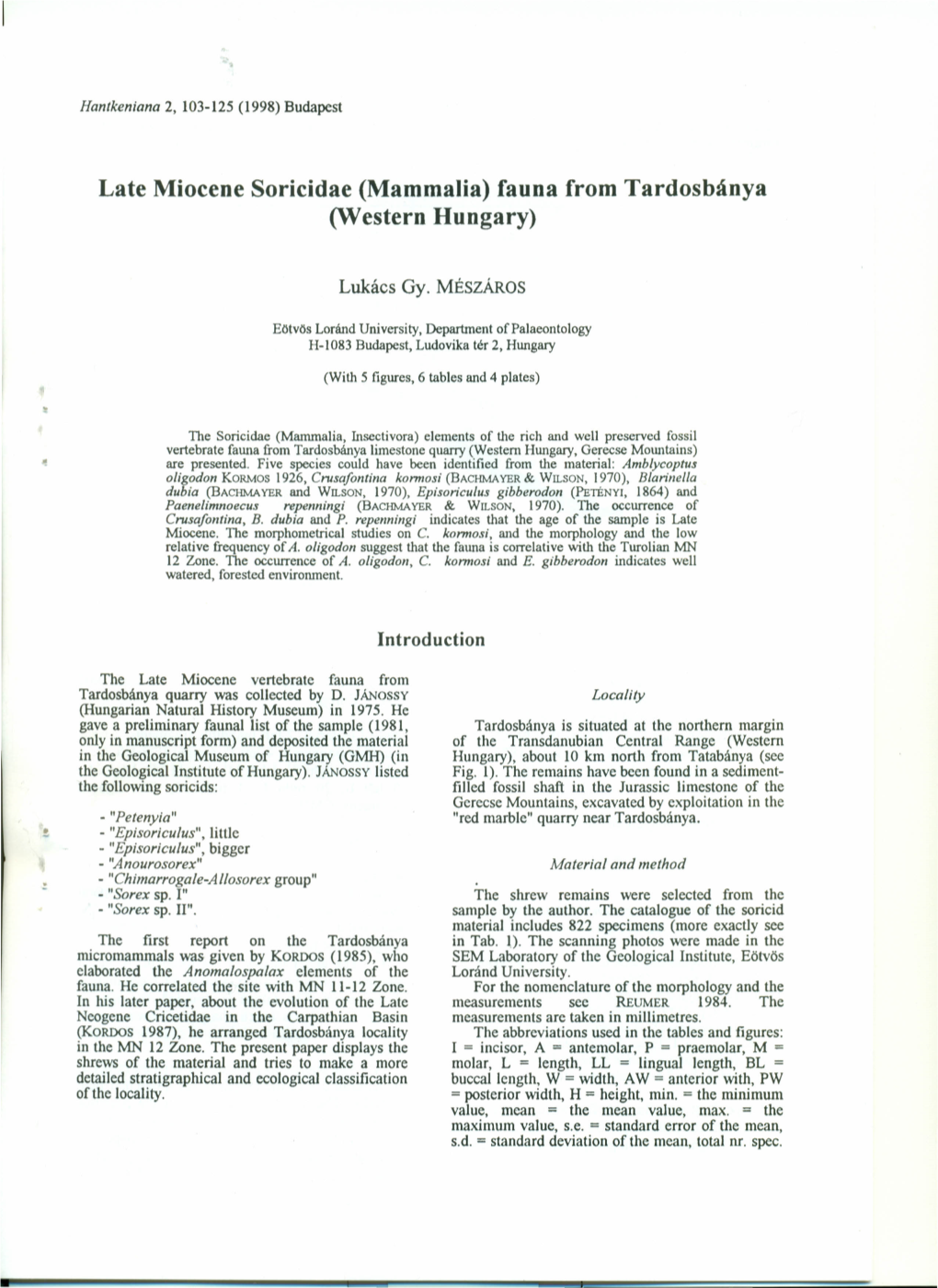 Late Miocene Soricidae (Mammalia) Fauna from Tardosbánya (Western Hungary)