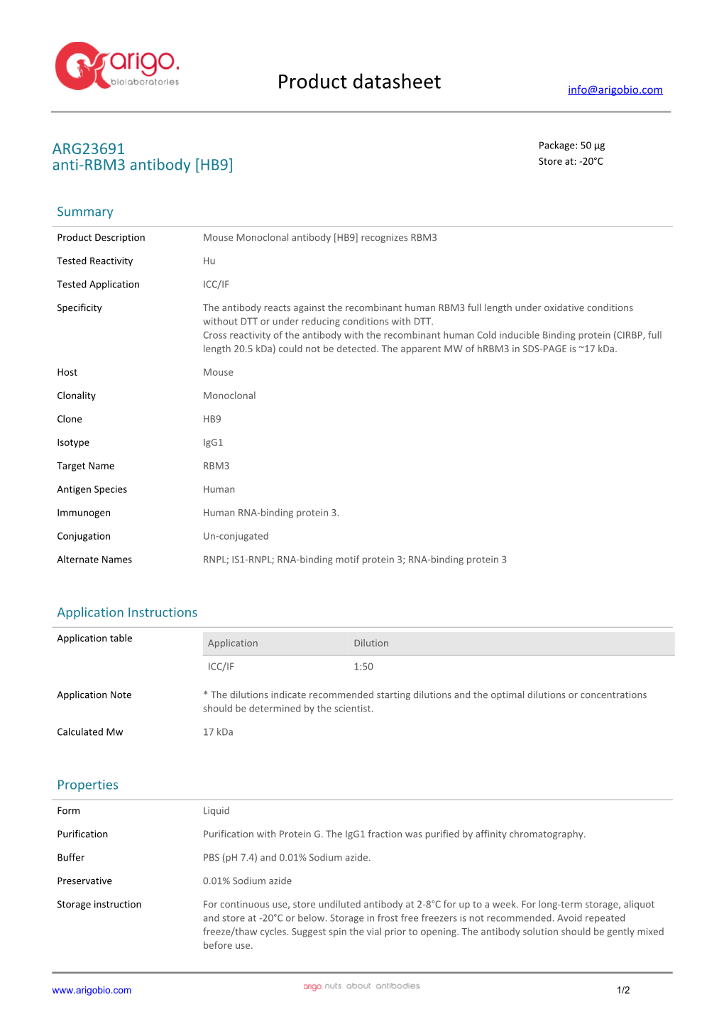 Anti-RBM3 Antibody [HB9] (ARG23691)