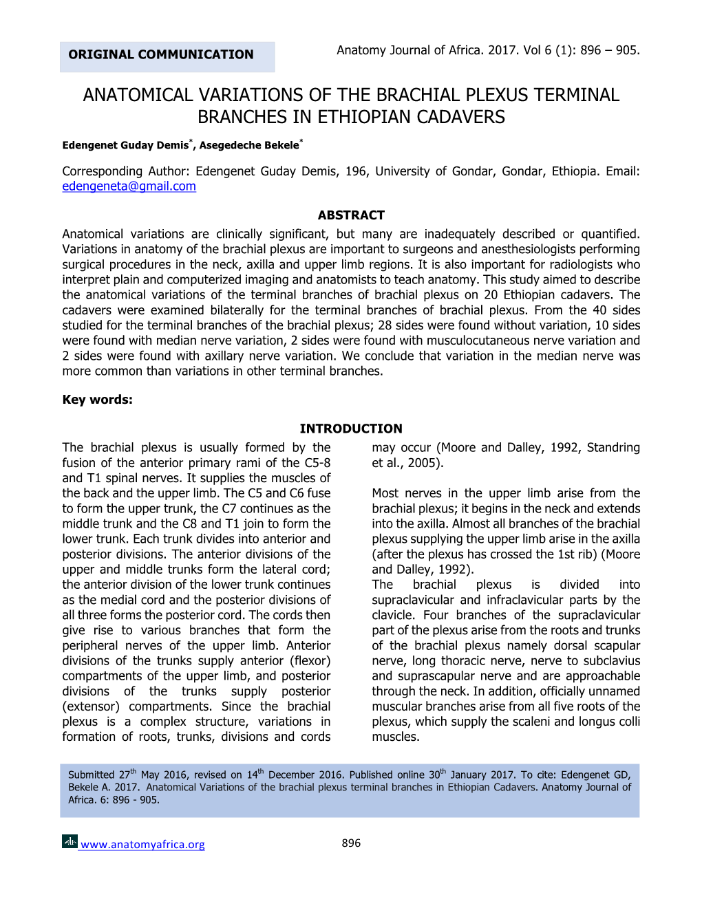 Anatomical Variations of the Brachial Plexus Terminal Branches in Ethiopian Cadavers