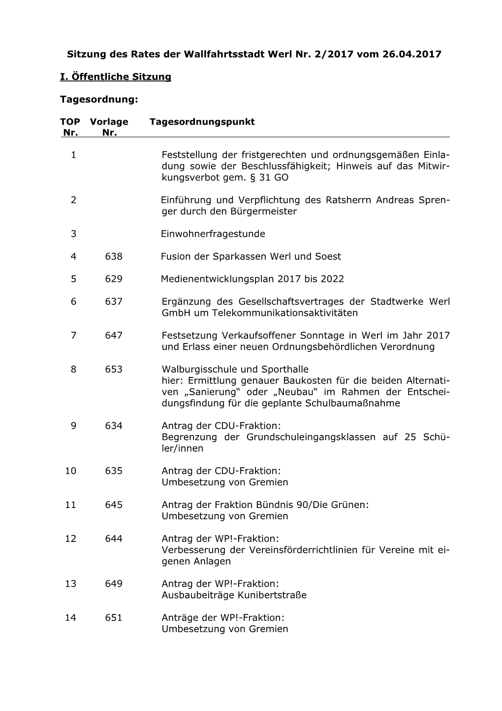 Sitzung Des Rates Der Wallfahrtsstadt Werl Nr. 2/2017 Vom 26.04.2017 I