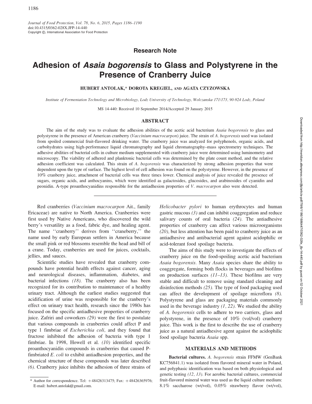 Adhesion of &lt;I&gt;Asaia&lt;/I&gt; &lt;I&gt;Bogorensis&lt;/I&gt; To