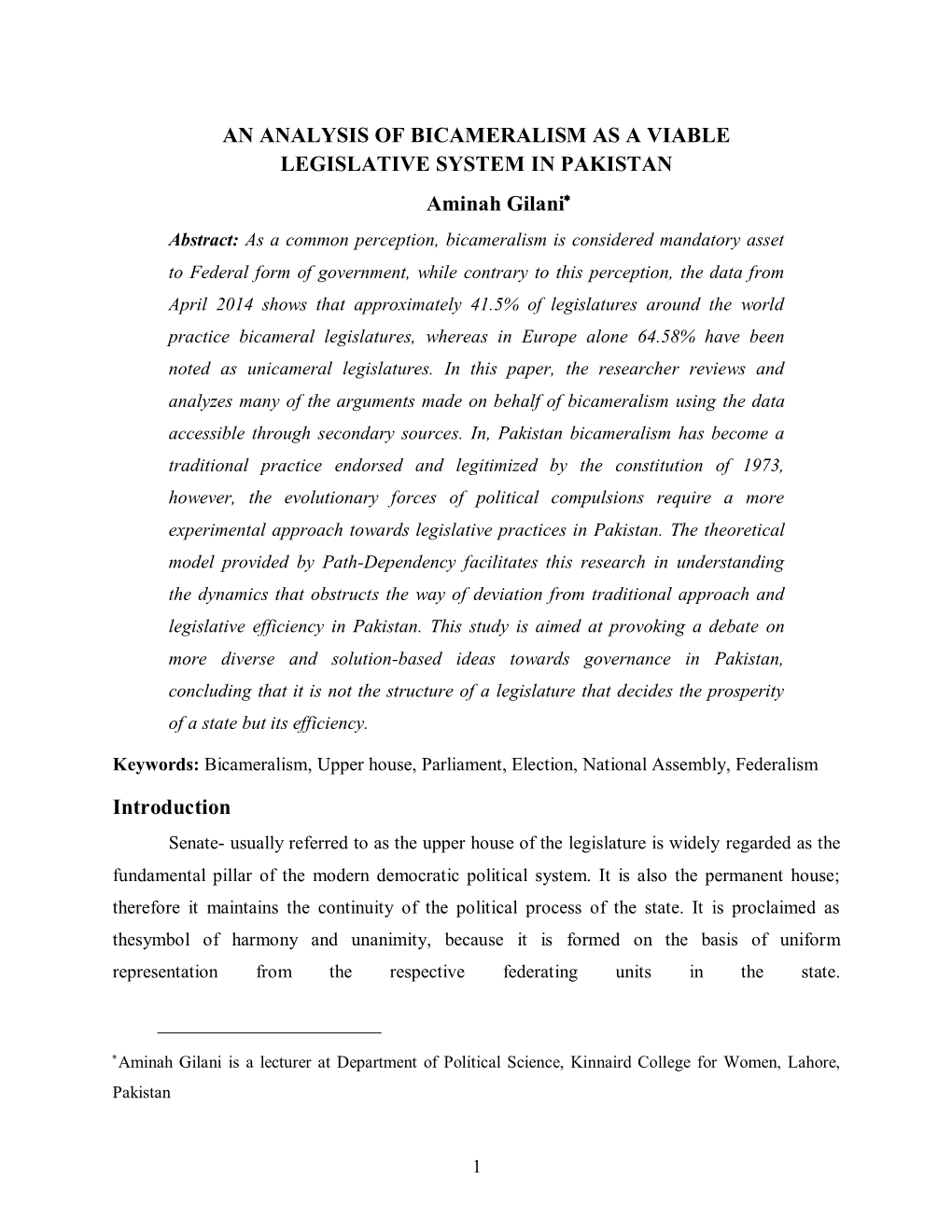 An Analysis of Bicameralism As a Viable Legislative