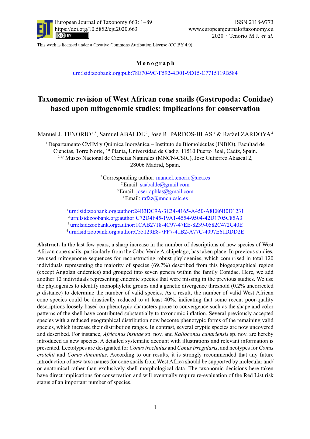 Taxonomic Revision of West African Cone Snails (Gastropoda: Conidae) Based Upon Mitogenomic Studies: Implications for Conservation