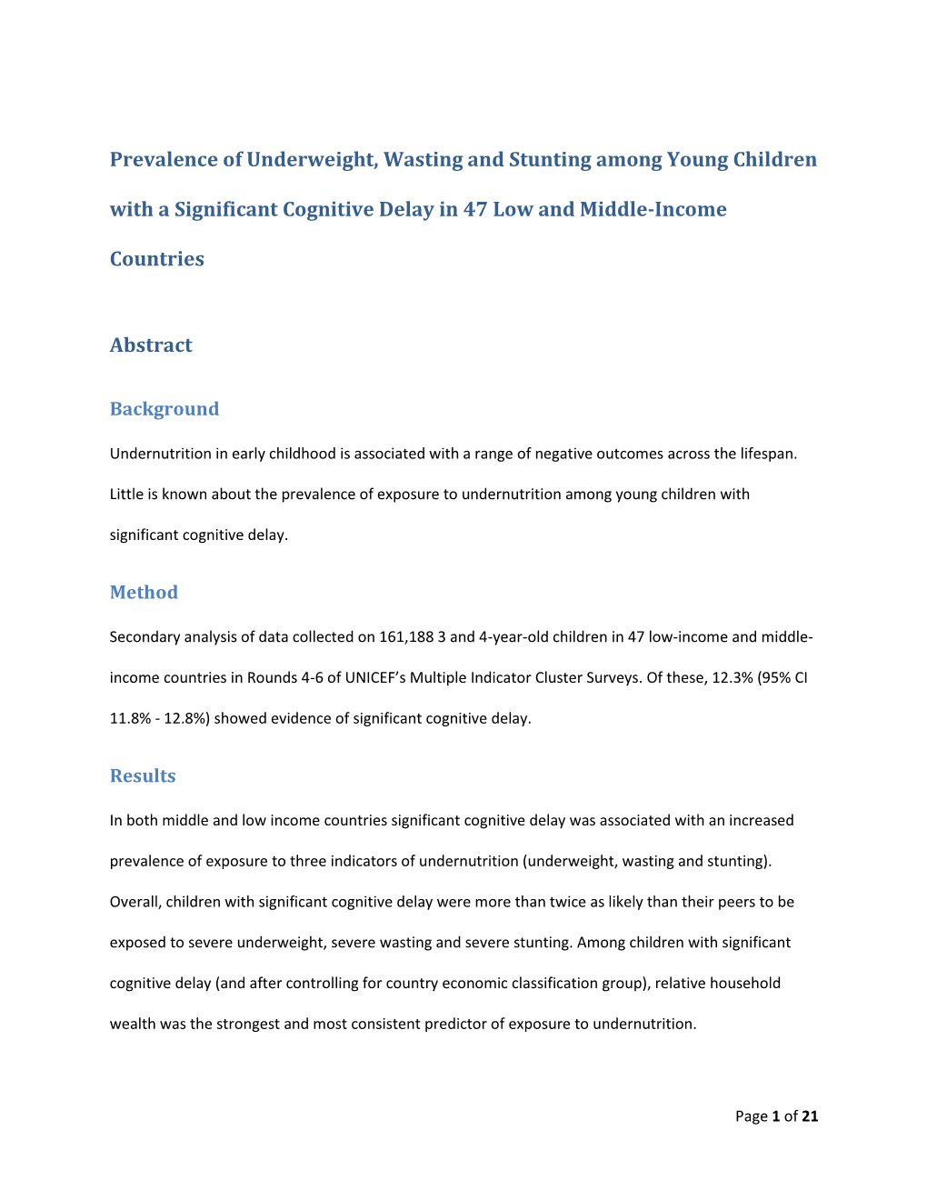 Prevalence of Underweight, Wasting and Stunting Among Young Children with a Significant Cognitive Delay in 47 Low and Middle-Income