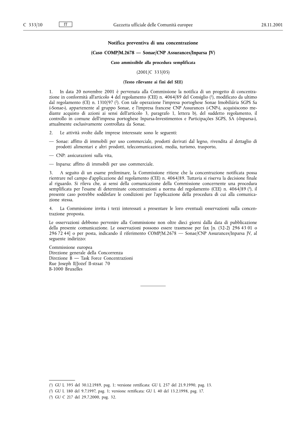 Gazzetta Ufficiale C 333, 28/11/2001, Pag. 10