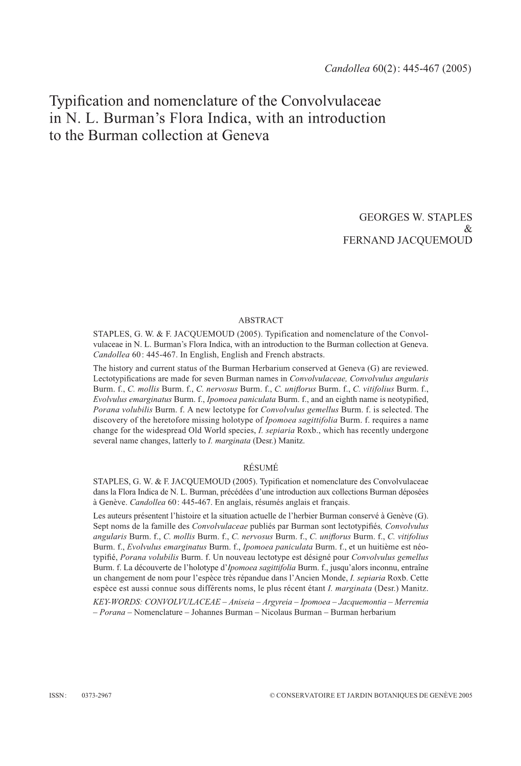 Typification and Nomenclature of the Convolvulaceae in N. L. Burman's Flora Indica, with an Introduction to the Burman Collect