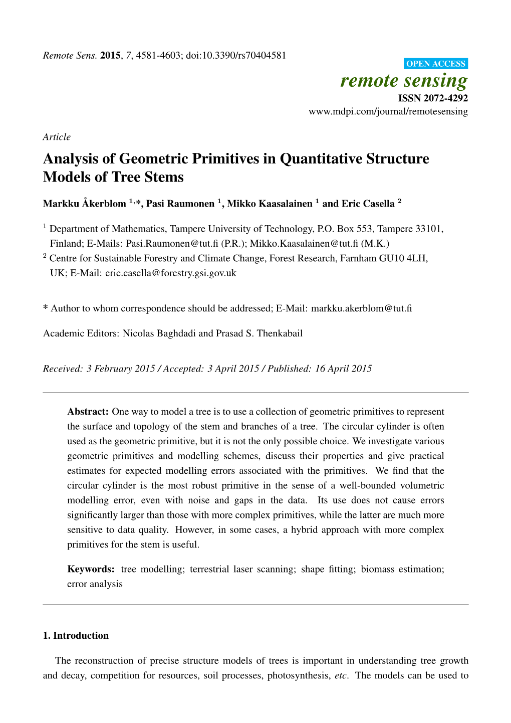 Analysis of Geometric Primitives in Quantitative Structure Models of Tree Stems